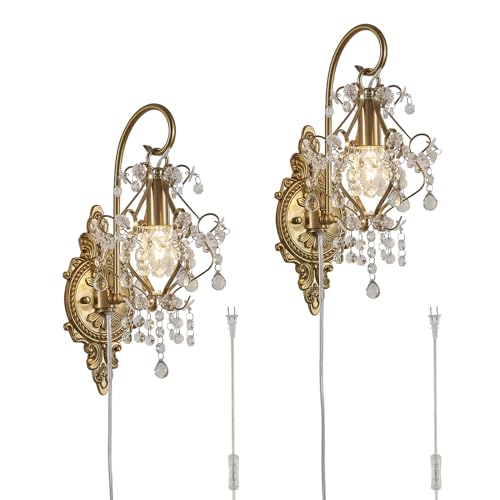 Plug in Cord Gold Crystal Vintage Indoor Wall Sconces Light Set of 2 (2 Count)