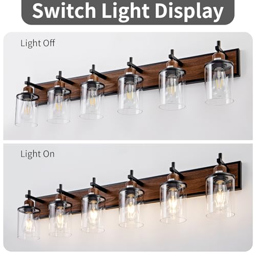 6 Light Farmhouse Bathroom Light Fixtures Vintage Bathroom Vanity Lights Over Mirror Black and Wood Painted Metal Vanity Light for Bathroom with Glass Shades E26 Socket