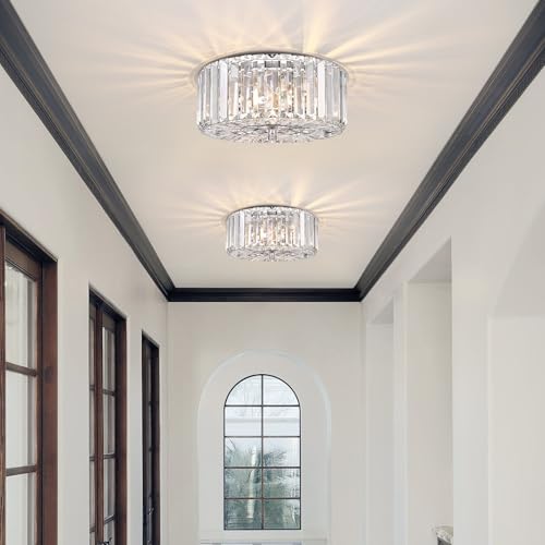 11.87 Inch Round Chrome Crystal Flush Mount Ceiling Light Fixture