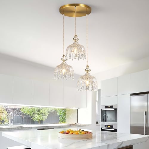 3 Light Pendant Light Fixtures Brass Vintage Glass Pendant Lights Crystal Hanging Light Fixtures (3 Count)