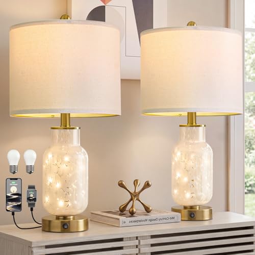 22" Glass Table Lamps Set of 2 with Night Light for Bedroom (2 Count)