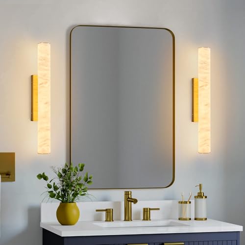 Natural Alabaster Wall Sconces Set of Two Spanish Marble Wall Light Cylinder Modern Gold LED Sconce for Living Room Bedroom Bathroo Stairs（M (2 Count)