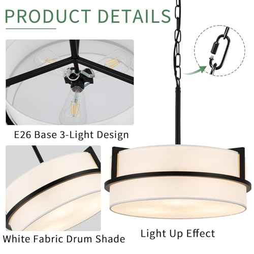 Modern Drum Chandelier for Dining Room 3 Light,15.7" Wide White Linen Drum Shade Ceiling Light Fixture,Pendant Lighting with Adjustble Hang Height Chandelier for Kitchen Islands Living Bedroom