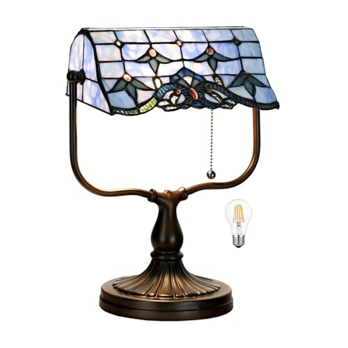 TL0031 Tiffany Banker Desk Lamp Stained Glass Blue Baroque Shade with Vintage Bronze Base W10.25 X OH13 Inch. Perfect for Piano Kitchen Beside Table