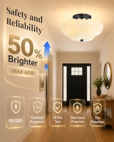 Semi Flush Mount Ceiling Light Fixture 11.8" Vinatge Black Ceiling Lights Mid Century Modern Milk White Glass Close to Ceiling Lighting Fixtures for Bedroom Hallway Foyer Bathroom Kitchen