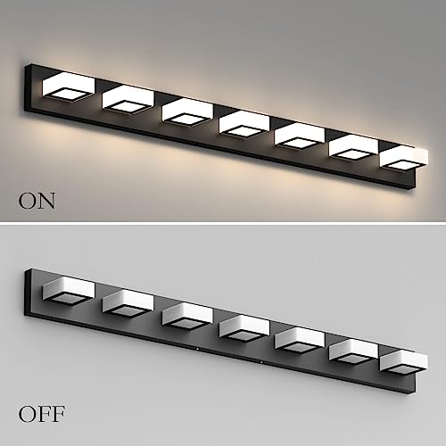 46" LED Matte Black Vanity Lights 7 Lights Acrylic Metal Black Modern Vanity Lights Black Bathroom Lighting Fixtures Over Long Mirror