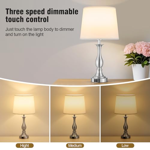 Bedside Table Lamp Touch Control Bedroom Lamps with USB A + C Charging Port 3 Way Dimmable Touch Lamps for Nightstand Living Room Bedroom Dorm Home Office Reading (2 Count)