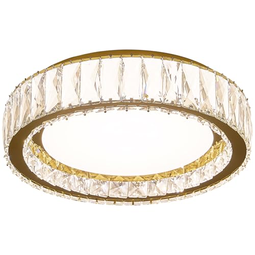 15 Inch Gold Dimmable Crystal LED Flush Mount Ceiling Light
