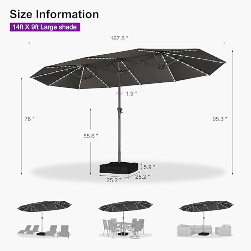 Patio Umbrella 14ft with Base and Solar Lights Outdoor