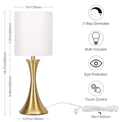 Gold Bedside Lamp Touch Control Table Lamp for Bedroom