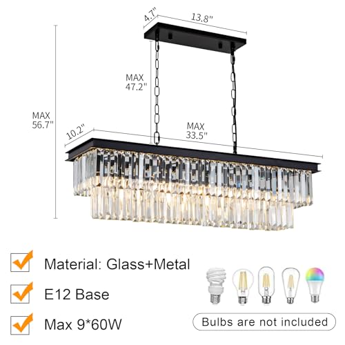Black Crystal Chandelier for Dining Room Light Fixture Rectangle Modern Farmhouse Chandelier Contemporary Pendant for Kitchen Island Living Room Long Chandelier Rectangular Lighting