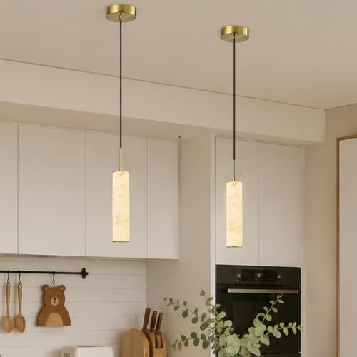 Gold Natural Alabaster Long Tube Kitchen Island Pendant Lights