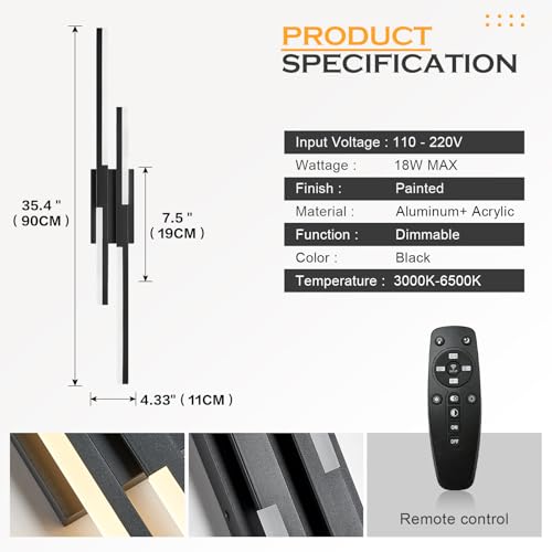 Modern LED Wall Sconce Black Remote Wall Light Fixtures for Bathroom