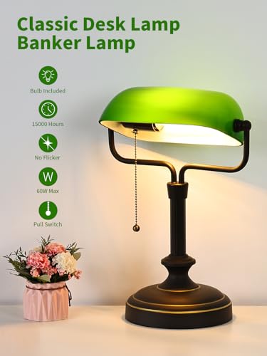 Traditional Banker's Desk Lamp with Glass Shade