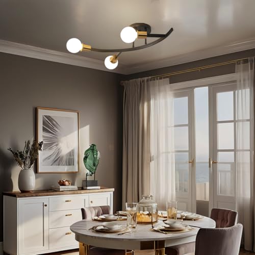 3 Lights Modern Sputnik Semi Flush Mount Ceiling Light Fixture Black and Gold
