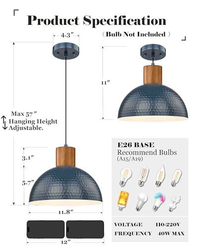Industrial Pendant Light 12" Hammered Metal Dome Hanging Lamp Solid Wood Pendant Light Fixtures for Kitchen Island
