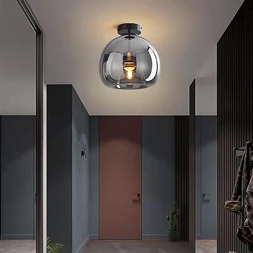 Nordic Mid Century Corridor Globe Semi Flush Mount Ceiling Light Fixture Amber Smoke Grey Glass Ceiling Lighting Simple Mini Ceiling Lamp for Aisle Porch Stairway Closet Kitchen