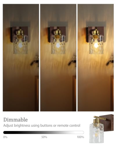 Hammered Glass Battery Operated Wall Sconces Set of Two Gold & Walnut