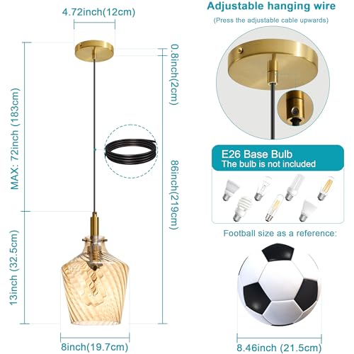 Stripes Amber Glass Pendant Light for Kitchen Island Gold 8 Inch 1 Pack