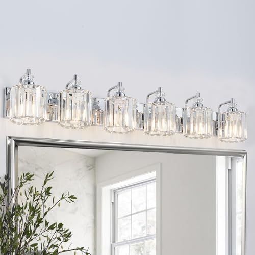 6 Light Modern Bathroom Light Fixture Chrome Bathroom Vanity Lights Over Mirror Wall Sconce Lighting with K9 Crystal Shades E26 Base for Bedroom