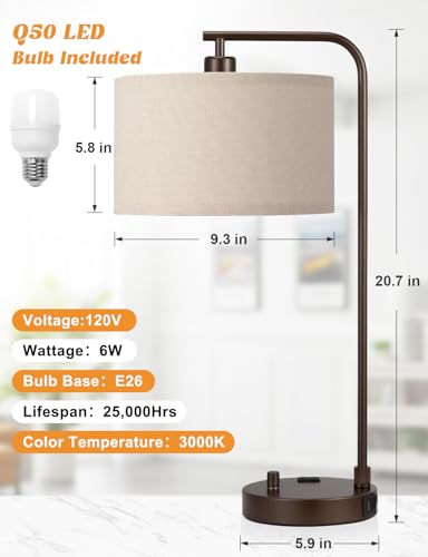 Brown Table Lamp for Bedroom with USB Port and Outlet