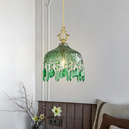 Brass Vintage Pendant Light Green Crystal Hanging Light Fixtures