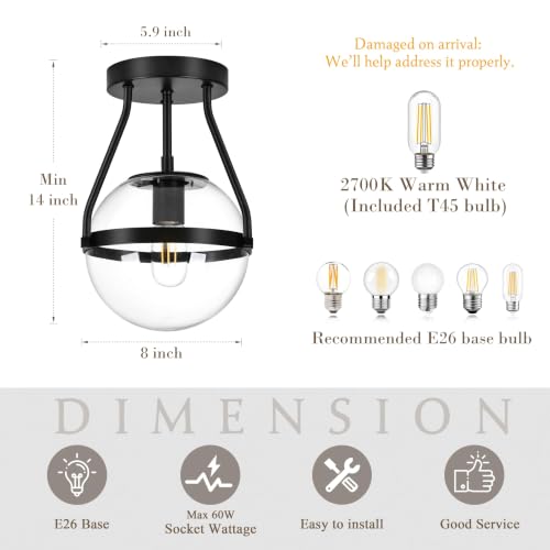 8 Inch Mid Century Ceiling Light Modern Black Semi Flush Mount Ceiling Light with Clear Glass Shade Globe Semi Flush Mount Ceiling Light Fixture for Bedroom Hallway Bathroom Foyer