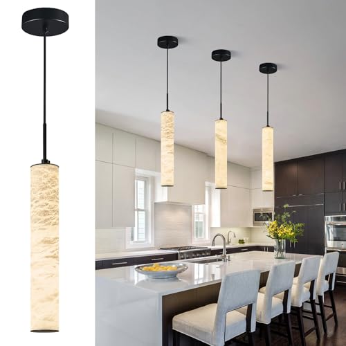 Natural Alabaster Pendant Lights for Kitchen Island White Marble Long Tube Chandelier 4000K Modern Black Ceiling Light Fixtures for Bedroom Dining Room Table Living Room Hallway (3 Count)