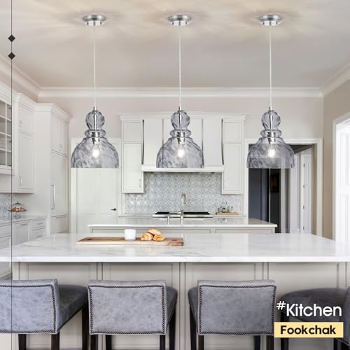 Hammered Glass Pendant Light Smoked Grey Kitchen Island Lights 10in Large Chrome Pendant Hanging Light for Dining Room Kitchen Sink Hallway Entrance