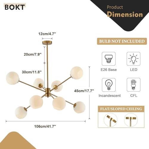 8 Lights Gold Globe Sputnik Chandelier Vintage Milk Glass Chandelier Light Fixture Large Modern Sputnik Pendant Lights Kitchen Island Mid Century Brushed Brass Bedroom Ball Hanging