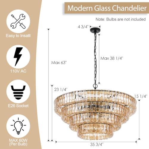 Dia 35.75 Inches Modern Amber Glass Chandelier for Foyer