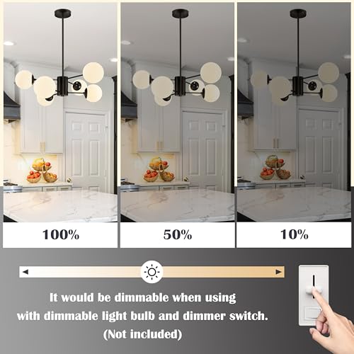 6 Light Sputnik Chandelier Black Sputnik Chandeliers Modern Mid Century Globe Pendant Light Matte Black Finished with White Frosted Globe Glass Lampshade for Dining Room Bedroom Kitchen