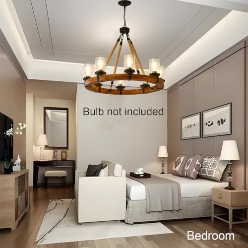 Rustic 8 Light Wagon Wheel Chandelier Wagon Wheel Dining Room Light Fixture with Seeded Glass Shade Suitable for Farmhouse Chandeliers in Living Room Kitchen and Entryway (8 Count)