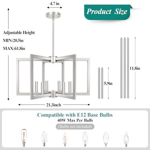 20" 62" Height Adjustable Brushed Nickel Kitchen Chandelier for Dining Room