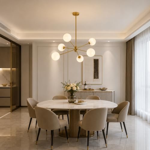 6 Lights Modern Sputnik Chandeliers Globe Light Fixture Farmhouse Milk Glass Pendant Lights Kitchen Island Gold and White Sputnik Hanging Light Vintage Brushed Brass Ball Chandelier