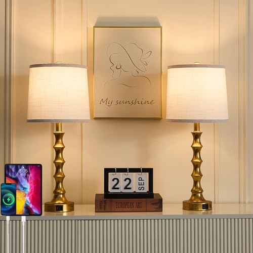24" Small Gold Buffet Lamps Set of 2 with USB A+C Ports (2 Count)