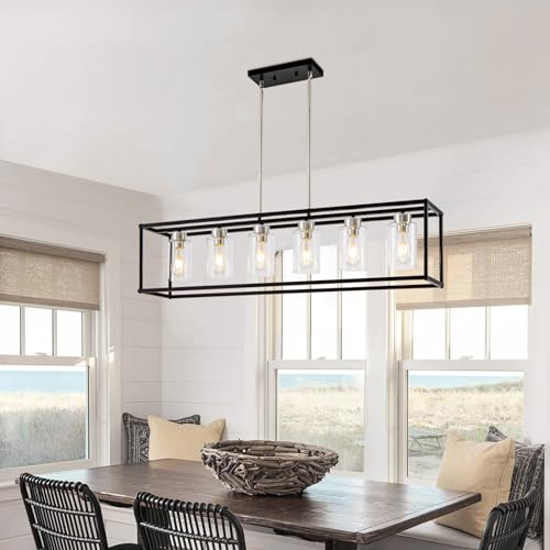 6 Lights Modern Dining Room Light Fixtures Over Table Black & Brushed Nickel Farmhouse Chandeliers Rectangular Pendent Lighting for Kitchen with Glass Shade Linear Hanging Industry Ceiling Light