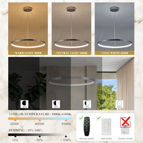 Nickel LED Ring Chandelier 24" Remote Control Dimmable Flush Mount Pendant Chandelier for Dinning Room Office Kitchen Living Room