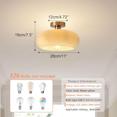 Brass Flush Mount Ceiling Light Mid Century Modern Ceiling Light fixtures Brushed Gold Milk Yellow Glass Semi Flush Mount Ceiling Light Farmhouse Hallway Dining Room Ceiling Lamp