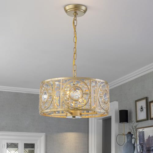 Vintage Crystal Round Chandelier 14.17" Gold Dining Room Chandelier Over Table 4