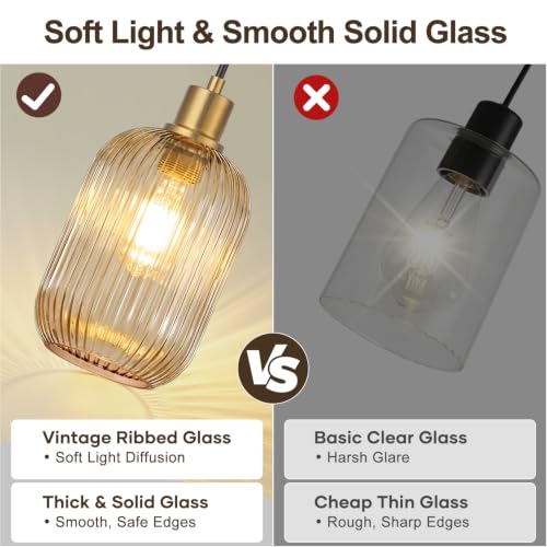 2 Pack Pendant Lights with Vintage Amber Ribbed Glass Lampshade (2 Count)