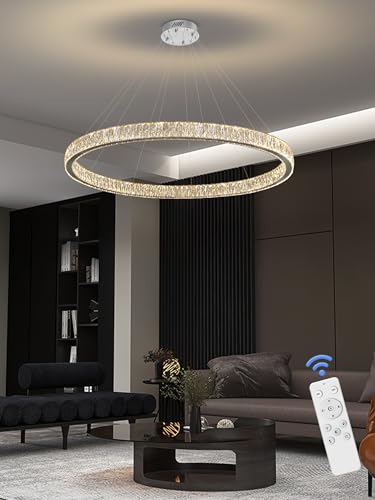 Modern LED Dimmable Crystal Chandelier 47.5" Ring Pendant Light Adjustable Round Chrome Crystal Chandelier for Dining Room Living Room