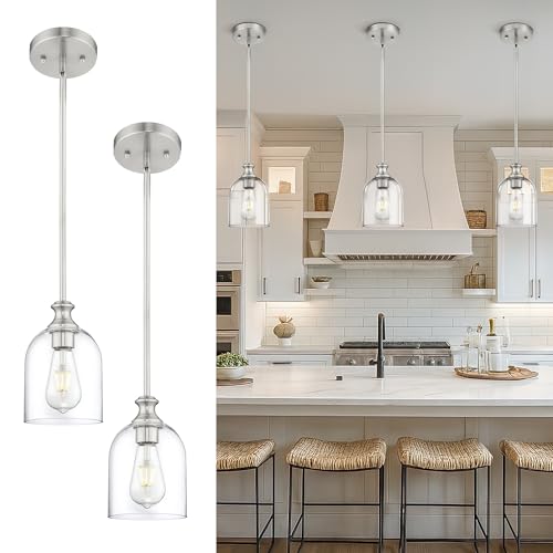 2 Pack Brushed Nickel Pendant Lights Kitchen Island Cylinder Glass (2 Count)