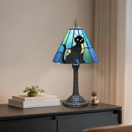 Tiffany Style Stained Glass Table Lamp Black Cat Small Table Lamp Bedroom Bedside Lamp Living Room Dining Room Office Decoration Desk Lamp Home Decoration Halloween Christmas Gift