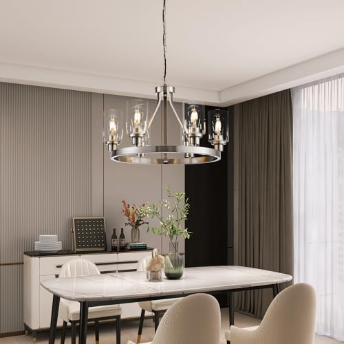 6 Light Modern Dining Room Light Fixture Brushed Nickel Kitchen Chandelier Ceiling Hanging Pendant Lighting with Glass Shade for Living Room Bedroom Entryway Adjustable Height Metal E26