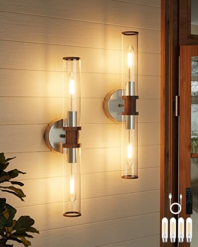 Nickel & Walnut Wireless Battery Operated Wall Sconces with Remote