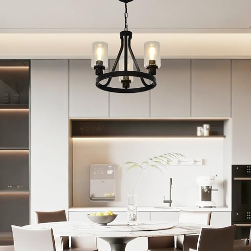 Black Farmhouse Chandelier Lighting Round 3 Lights with Glass Shade Ceiling Hanging Vintage Rustic Light Fixture for Dining Room Living Room Foyer Porch Kitchen Island