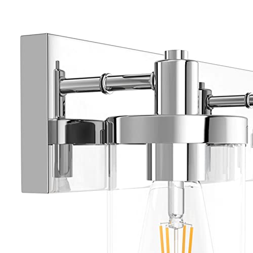 Chrome Vanity Light for Bathroom 3 Light Farmhouse Bathroom Lights Fixtures Over Mirror with Clear Glass Shade