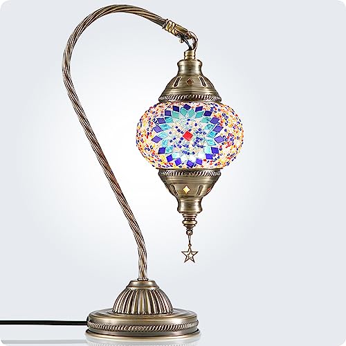 Turkish Moroccan Lamp with Bronze Base 3 Color Options Handmade Swan Neck Mosaic Glass Bedside Lamps for Bedroom