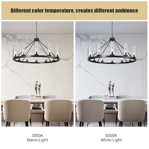12 Light Black Chandelier Wagon Wheel Chandelier with Clear Glass Shade Round Industrial Pendant Lighting Fixture for Stair Living Room Foyer Kitchen